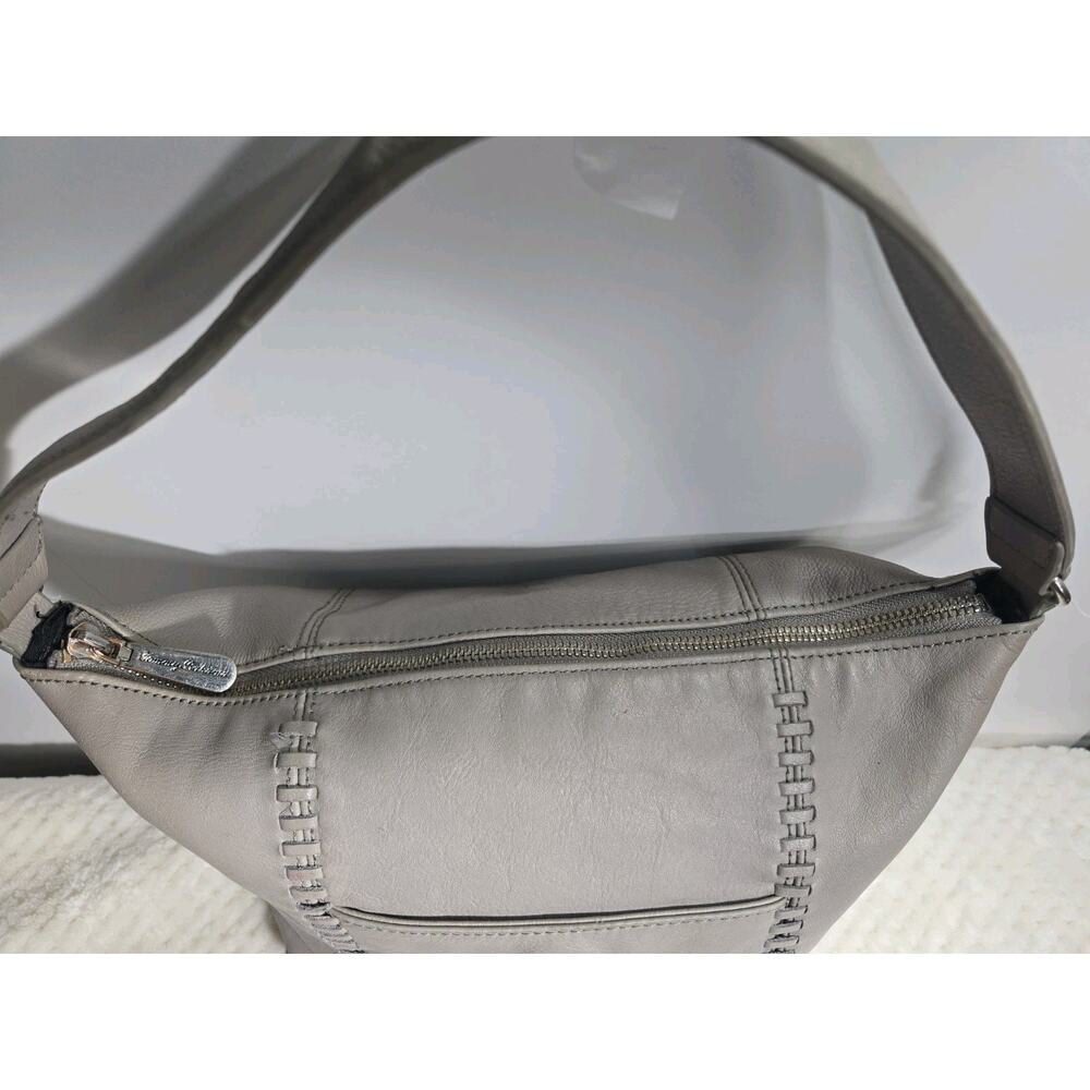 Tommy Bahama Gray Leather Hobo Shoulder Bag Whipstitch Zip Purse - Picture 3 of 14